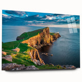 Acrylic print of a serene Scottish landscape in muted green and blue tones, ideal for bedroom or dining room art.