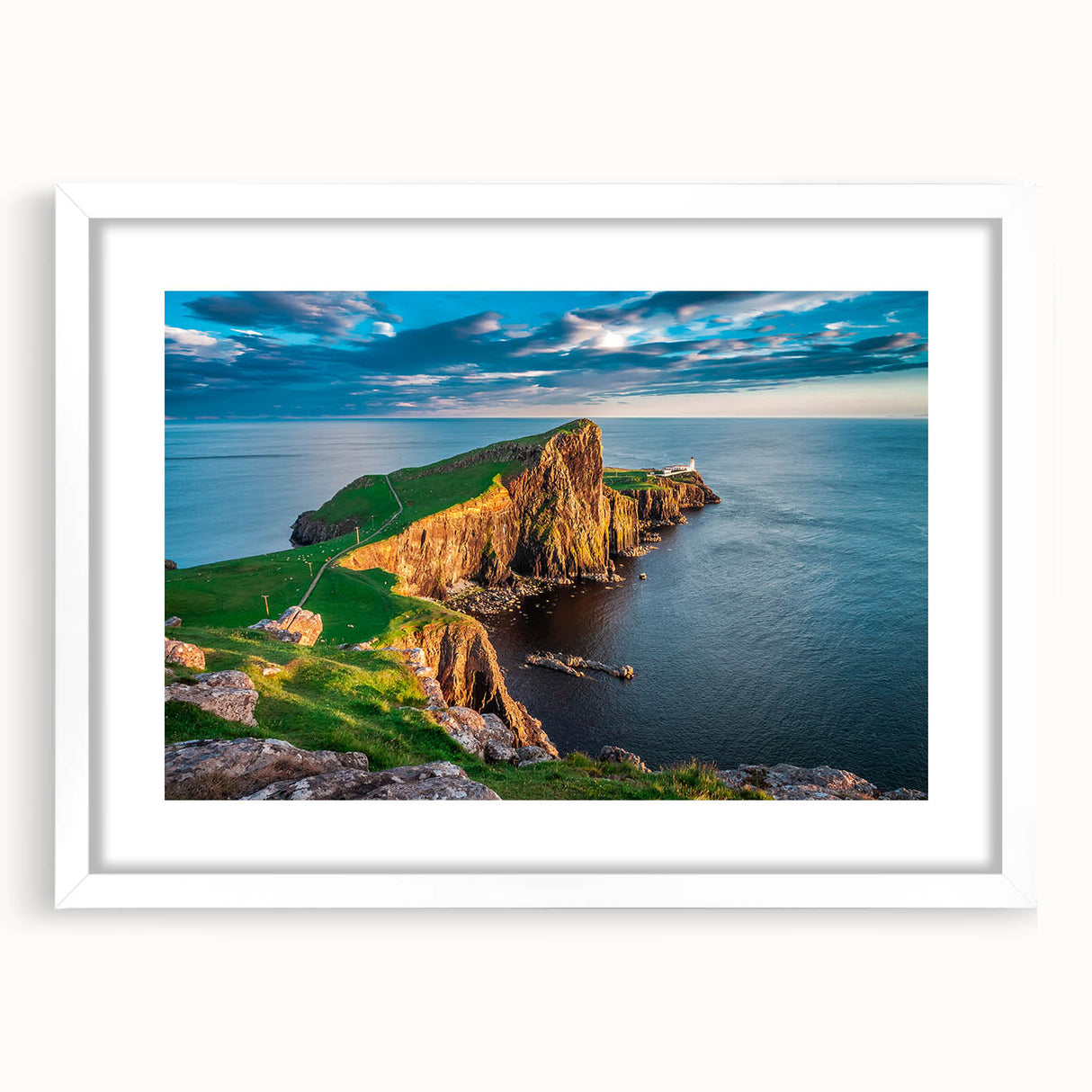 Textured abstract art print of a Scottish landscape in muted green and blue tones on a white framed mat.