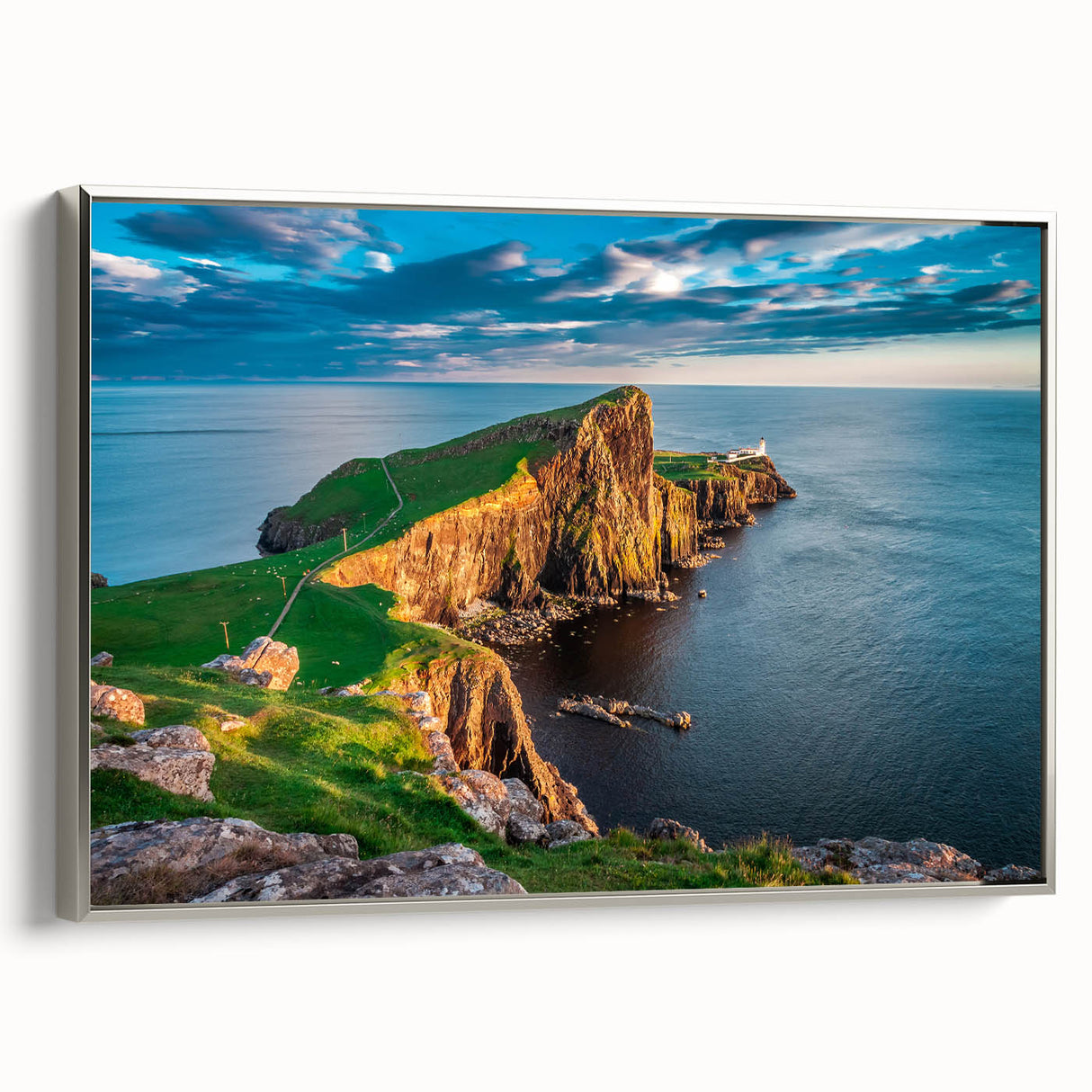 Framed canvas of a vintage Scottish landscape with black and colorful hues, ideal for living room decor.