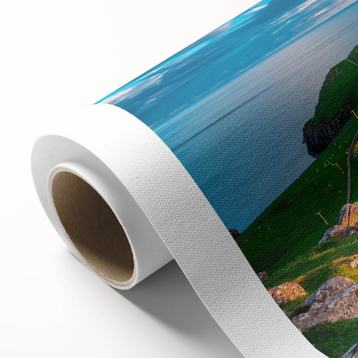 Art deco poster of Scottish landscape in muted greens and blues, rolled canvas, ideal for nursery wall art.