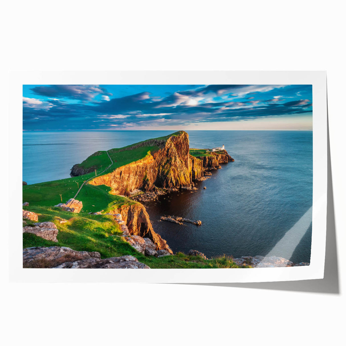 Rolled print of a Scottish landscape with muted green and blue tones, ideal for art wall dining room decor.