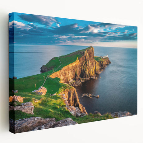Landscape painting of a serene Scottish countryside on stretched canvas, featuring muted green and blue tones.