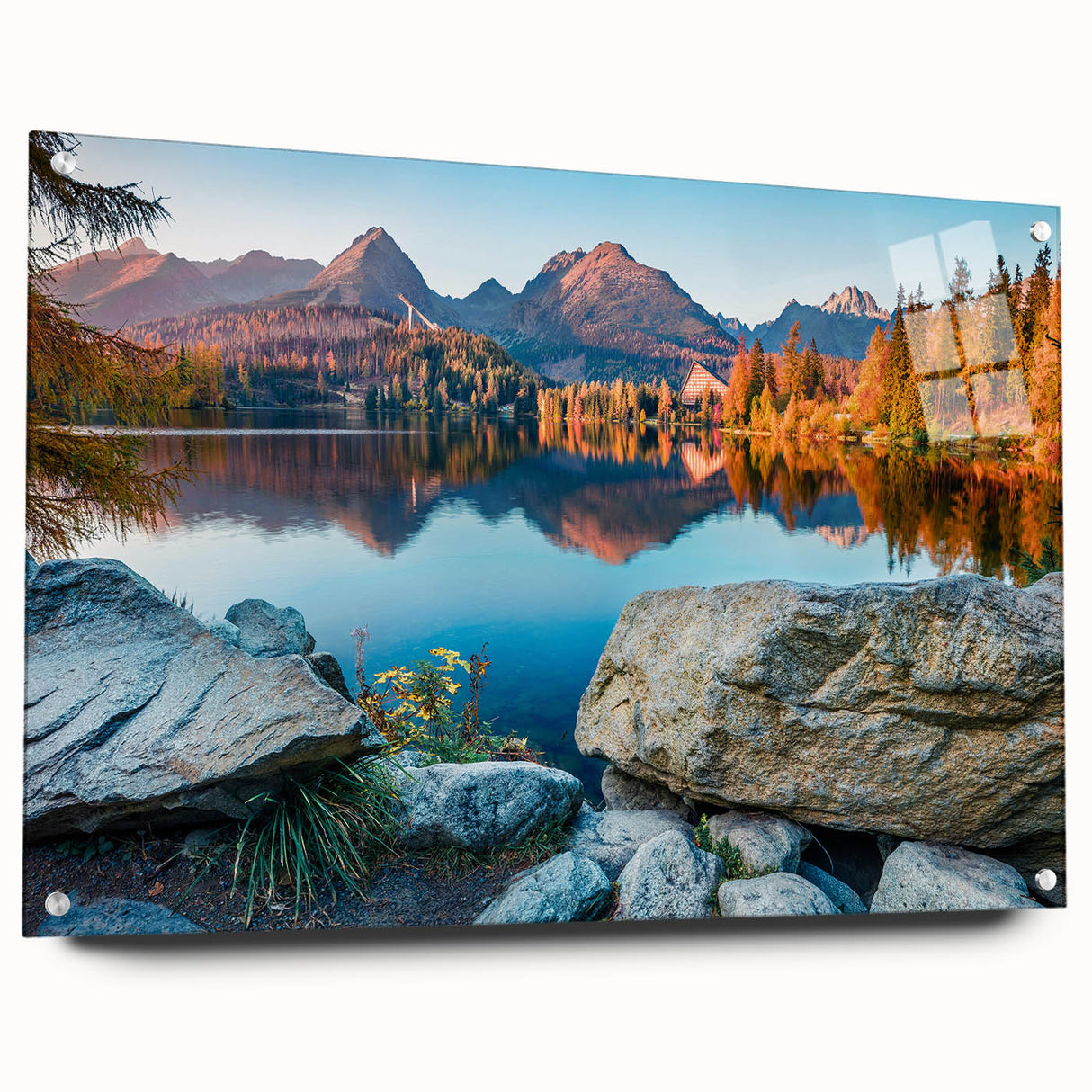 Large abstract wall art depicting a European scenery in Slovakia on acrylic glass, suitable for bedroom or dining room decor.
