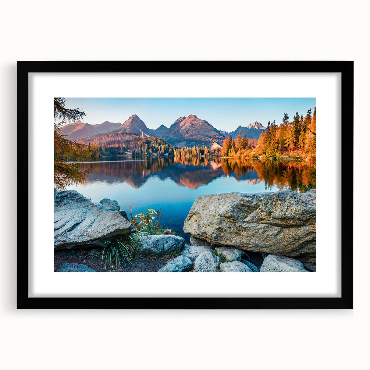 Extra large framed print of abstract, colorful art depicting a European scenery in vibrant hues, ideal for living room decor.