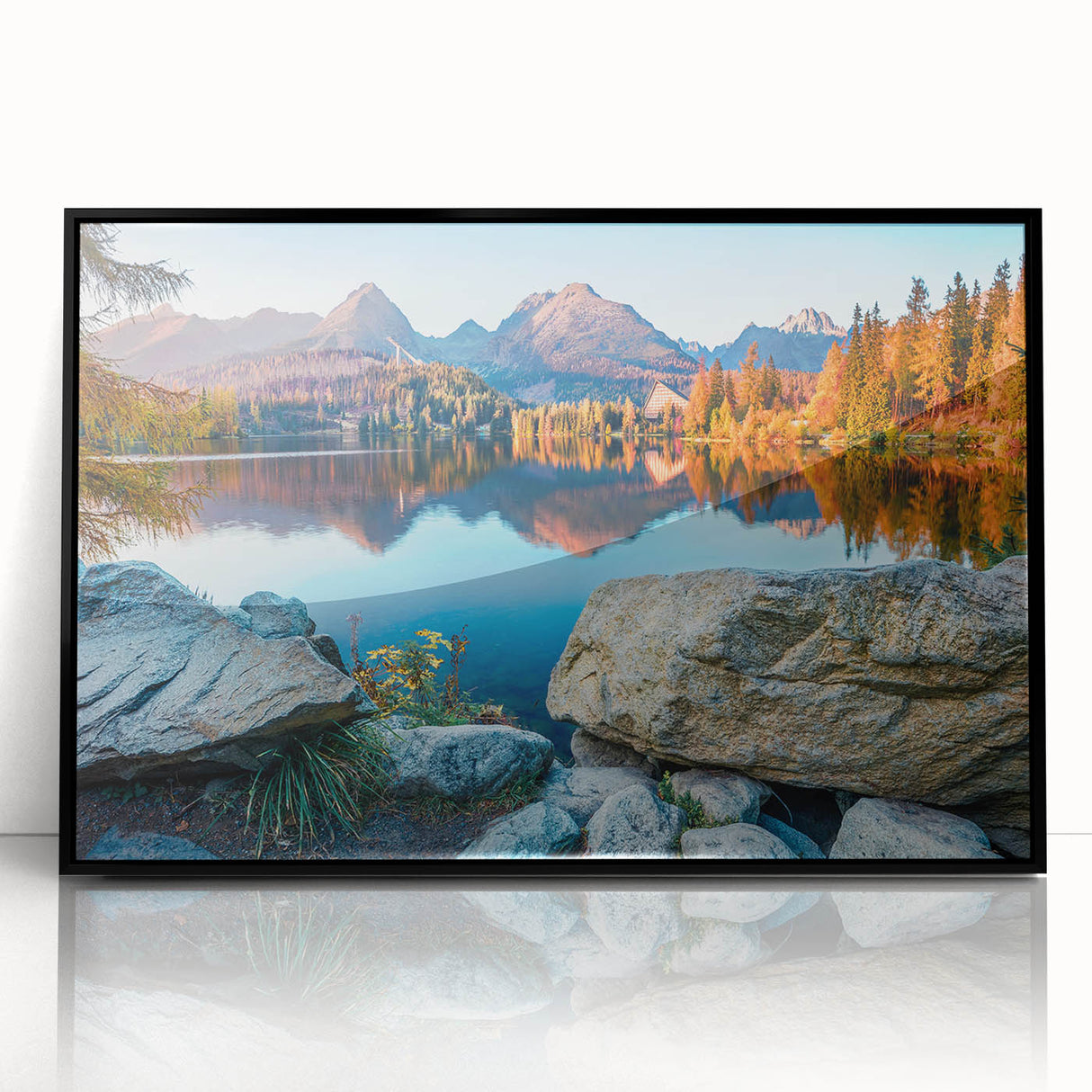 Large abstract wall art depicting a vibrant Slovakian landscape in mid-century modernist style on a black framed acrylic…