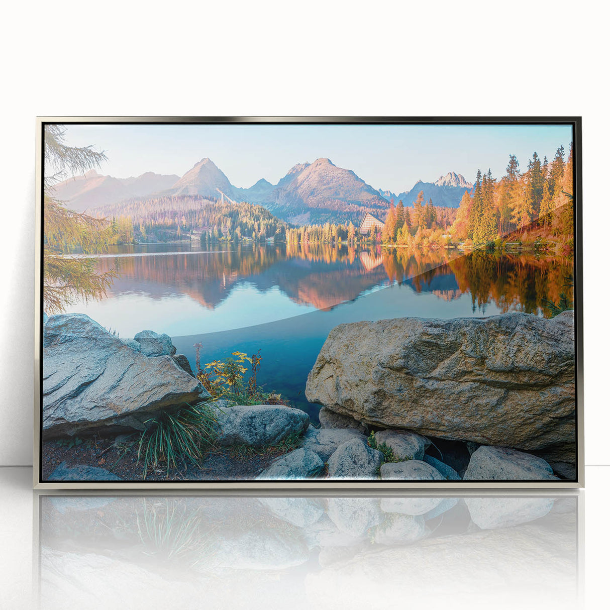 Framed acrylic print of a European landscape in muted earth tones, ideal for modern art wall decor.