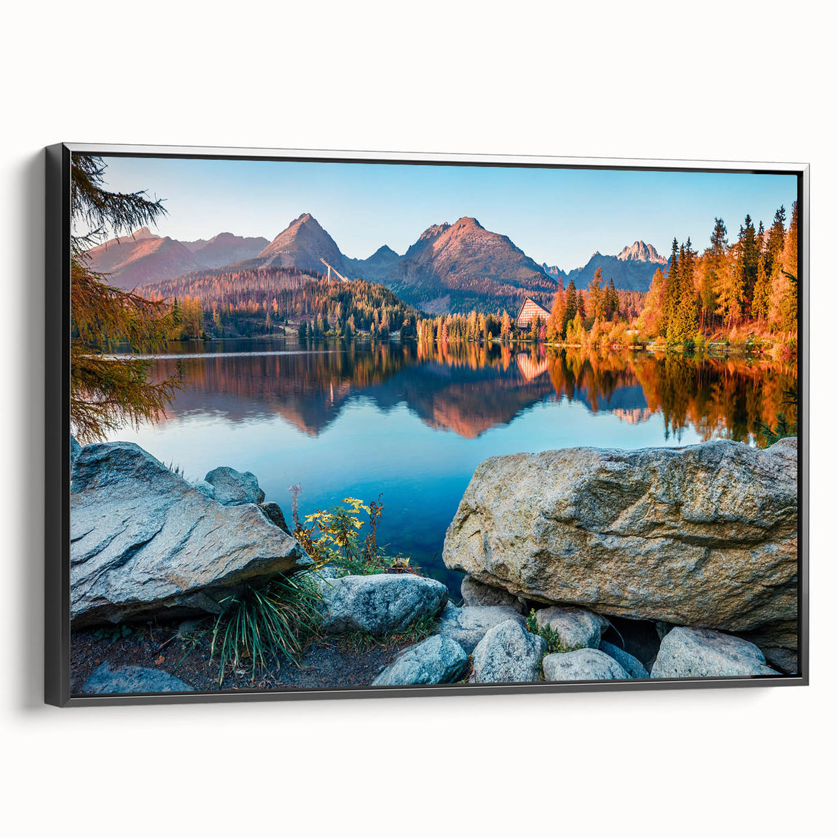 Black and white framed canvas depicting a vintage Slovakian landscape, ideal for bedroom wall decor.