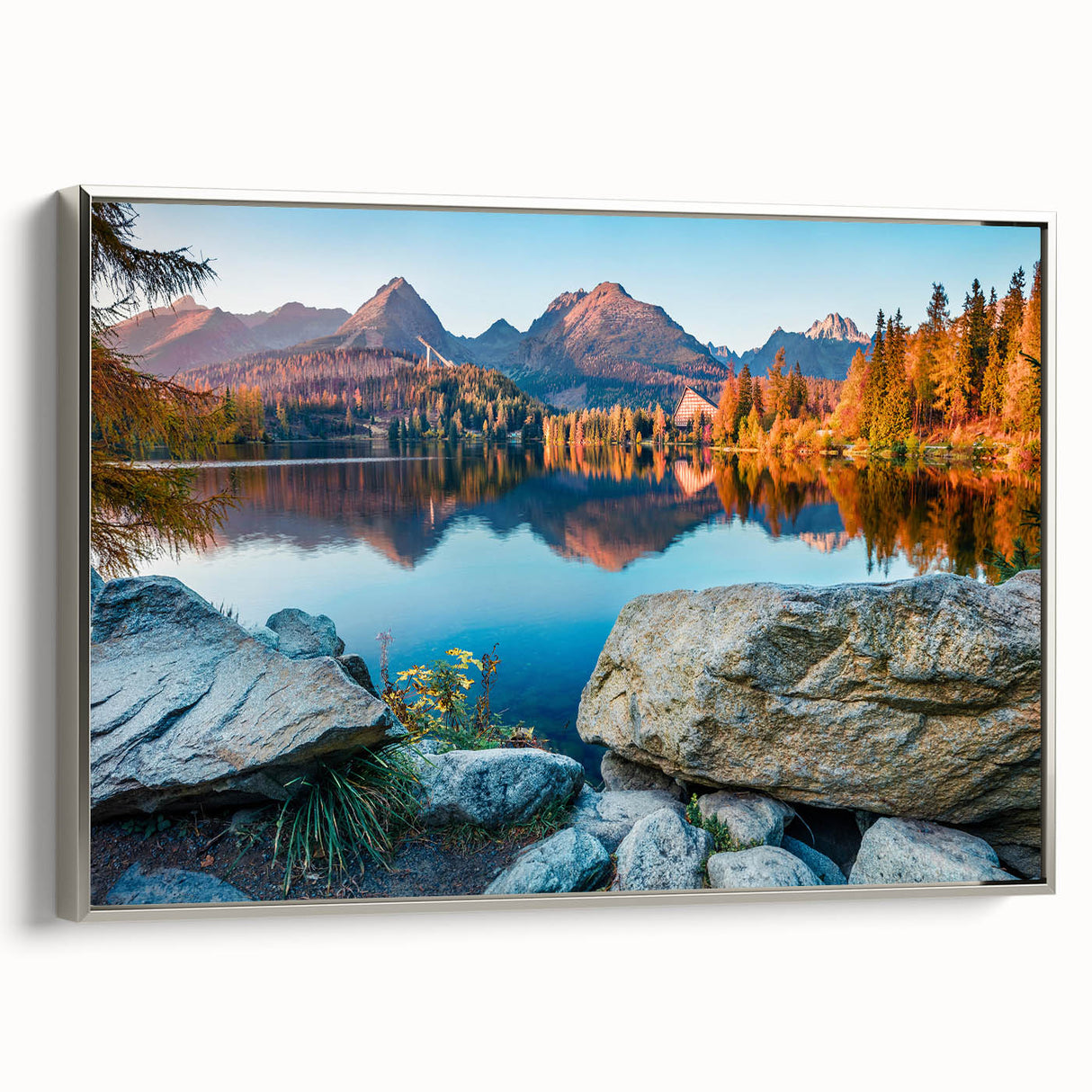 Framed canvas depicting a vintage-style European landscape in Slovakia, with muted earth tones, ideal for living room decor.