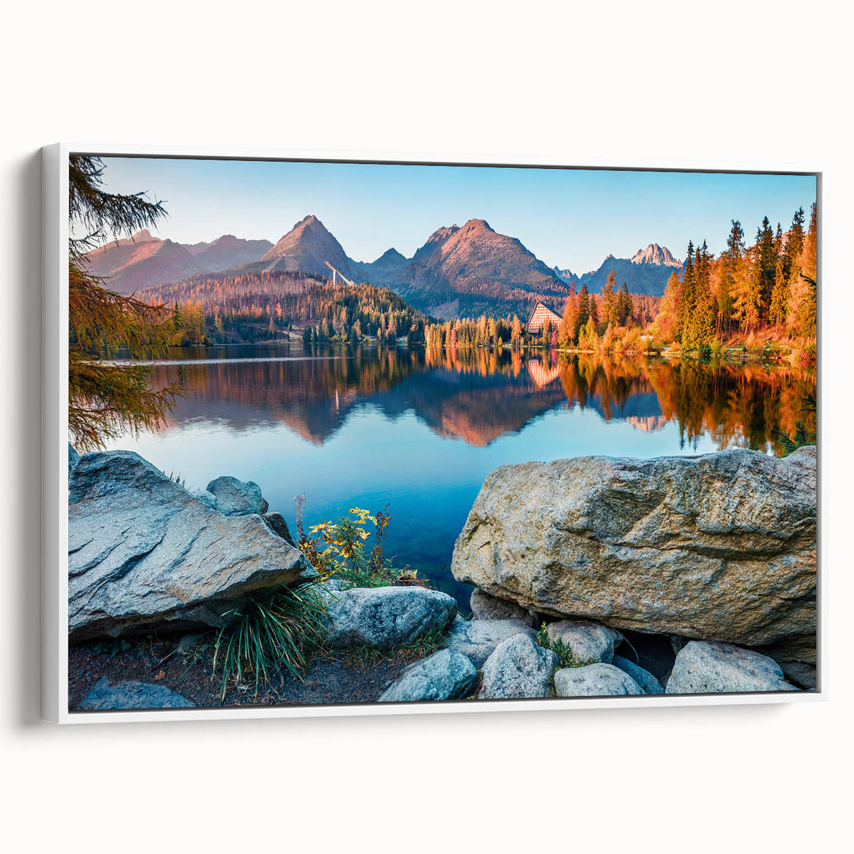 Vintage poster art of a scenic European landscape on extra large framed canvas, with vibrant colors.