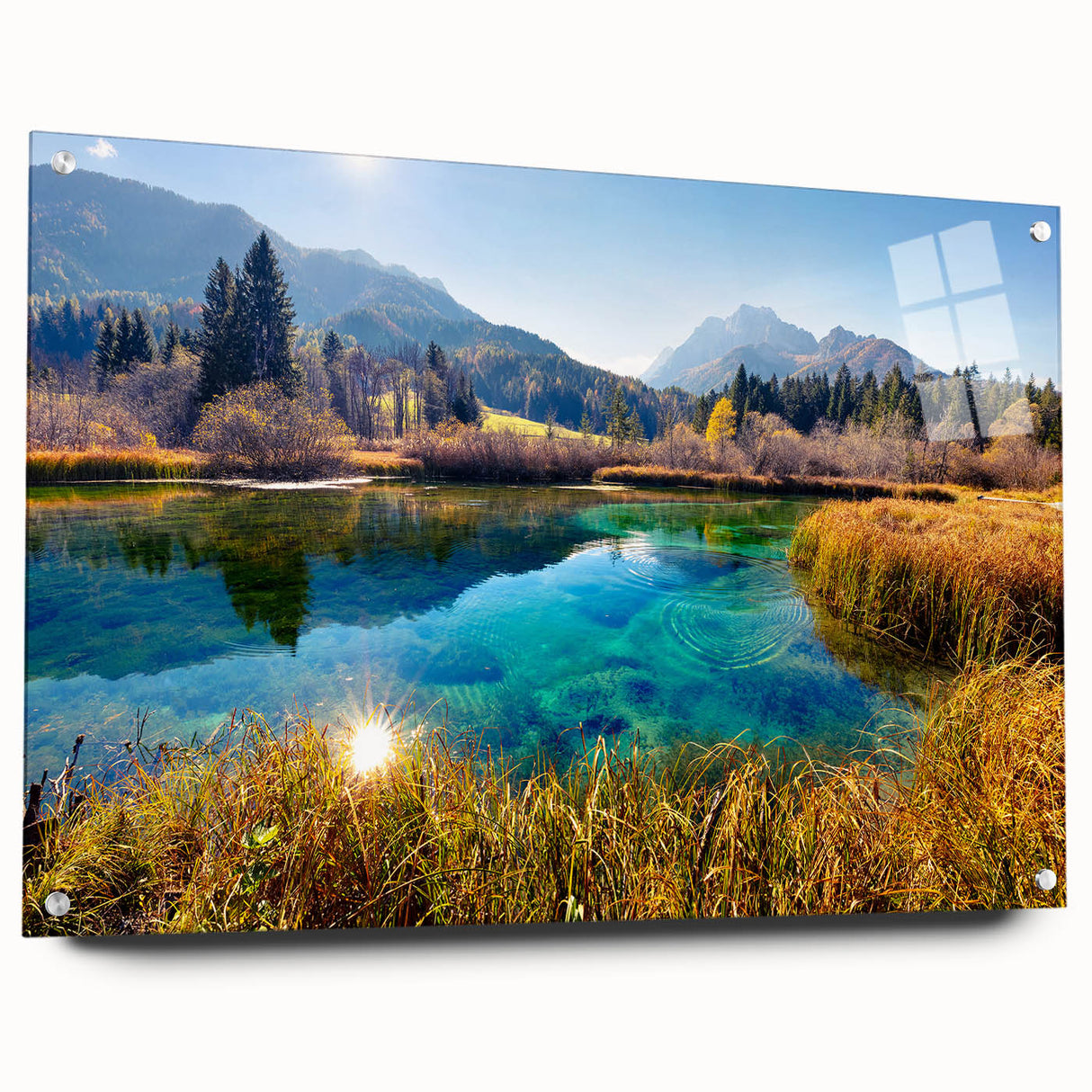 Acrylic print of a Slovenian landscape in muted earth tones, ideal for dining room decor.