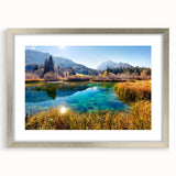 Abstract art print of a Slovenian landscape in muted green and blue tones on a framed canvas, ideal for dining room decor.