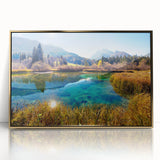 Mid-century modernist art depicting a Slovenian landscape in muted earth tones on a framed acrylic panel.