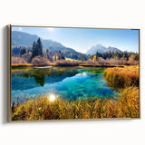 Landscape art painting of a Slovenian scenery on a framed canvas, featuring vibrant colors with a vintage poster style.