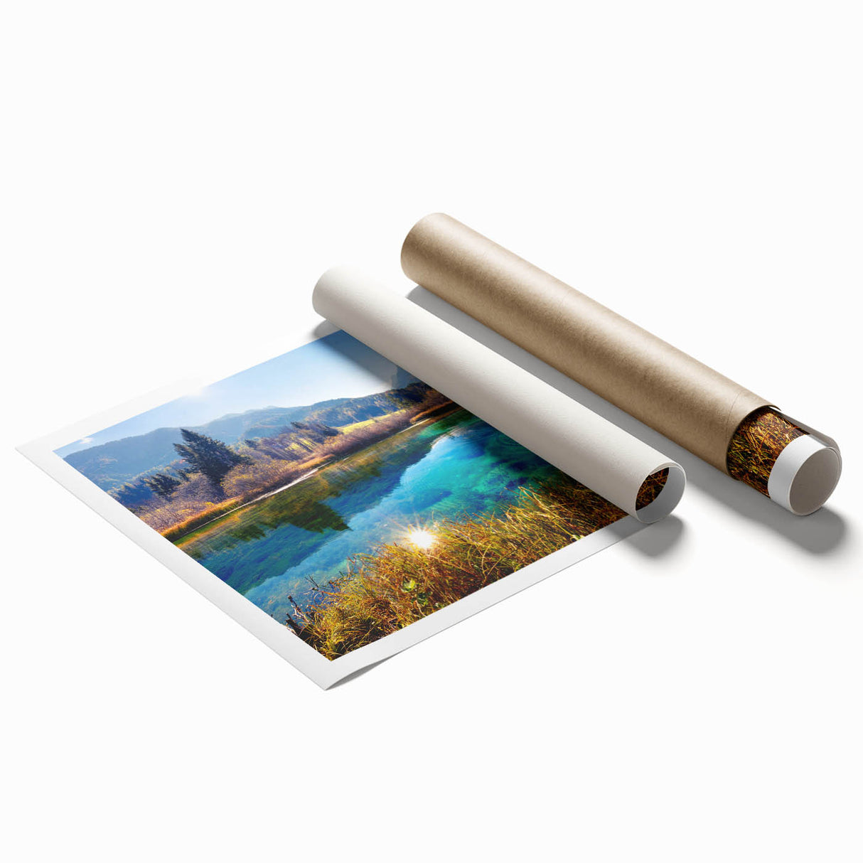 Rolled print of a Slovenian landscape with vibrant green hues and floral elements, ideal for classy bathroom wall art.