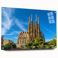 Acrylic print of a large abstract depiction of Barcelona with vibrant hues of blue and orange, ideal for dining room decor.