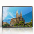 Large abstract wall art depicting a mid-century modernist cityscape of Barcelona in muted gray tones.