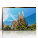 Art deco style poster of Barcelona scenery in muted gold tones on framed acrylic, suitable for modern art wall decor.