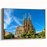 Framed canvas of a vintage-style Barcelona landscape in black and gold, ideal for bedroom wall art.