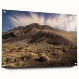 Large abstract wall art of a European scenery in muted blue and green, printed on acrylic glass.