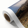 Art deco poster of a scenic European landscape in muted earth tones on rolled canvas, ideal for nursery wall art.