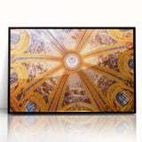 Large abstract wall art depicting a vibrant Madrid cityscape in mid-century modernist style, framed in black acrylic.