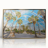 Large art print of Valencia scenery in mid-century modernist style, featuring acrylic framing and golden hues.