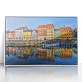 Art deco poster of Stockholm skyline in muted blue and white tones, framed acrylic, ideal for modern art wall decor.