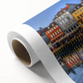 Art deco poster of Stockholm scenery in soft pastel colors on rolled canvas, suitable as nursery wall art.