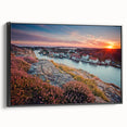 Black and white vintage poster art of a European landscape on framed canvas, ideal for bedroom wall decor.