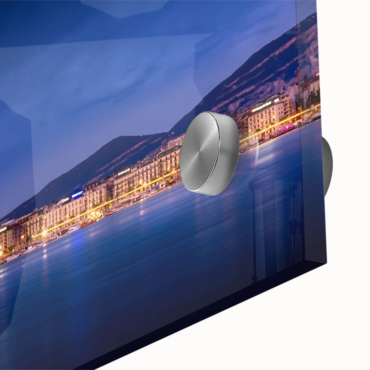 Large abstract wall art of Geneva scenery in muted earth tones on acrylic glass, suitable for dining room ambiance.