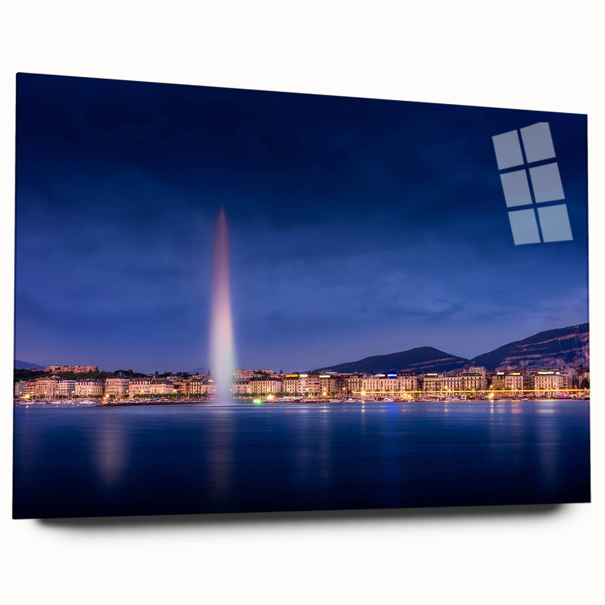 Large abstract depiction of Geneva's skyline in muted blue and grey tones on acrylic glass.