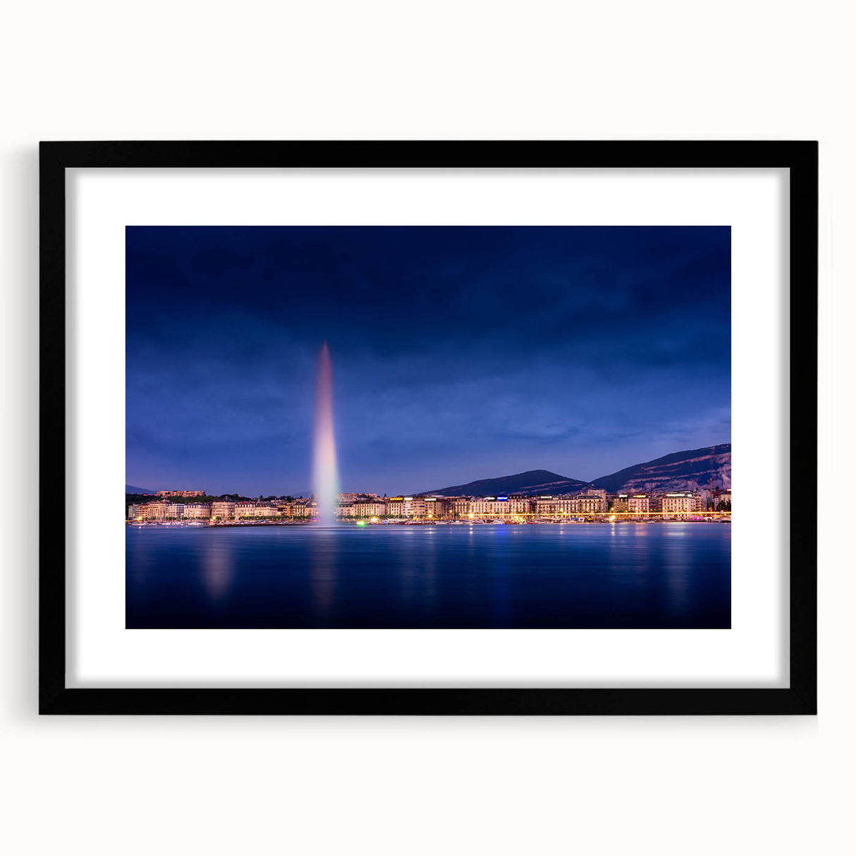 Extra large abstract art print of a colorful Geneva scenery on textured canvas, framed in black, ideal for living room decor.