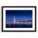 Extra large abstract art print of a colorful Geneva scenery on textured canvas, framed in black, ideal for living room decor.