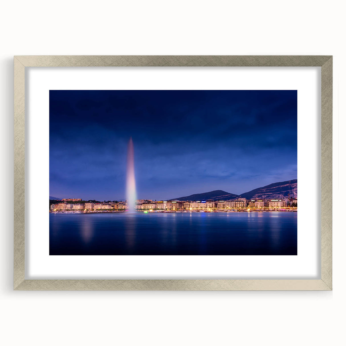 Textured art depicting abstract Geneva scenery in muted earth tones on a framed silver mat, suitable for bedroom decor.