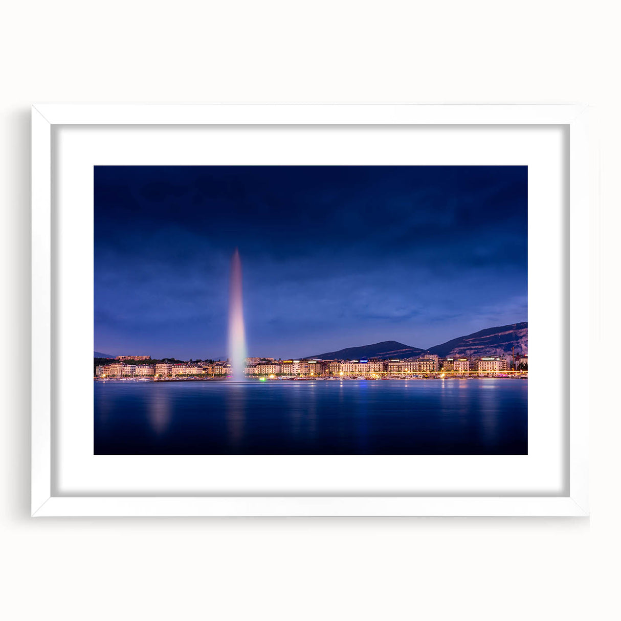 Abstract art print of Geneva scenery in muted blue and gray tones on a white framed poster, suitable for dining room decor.