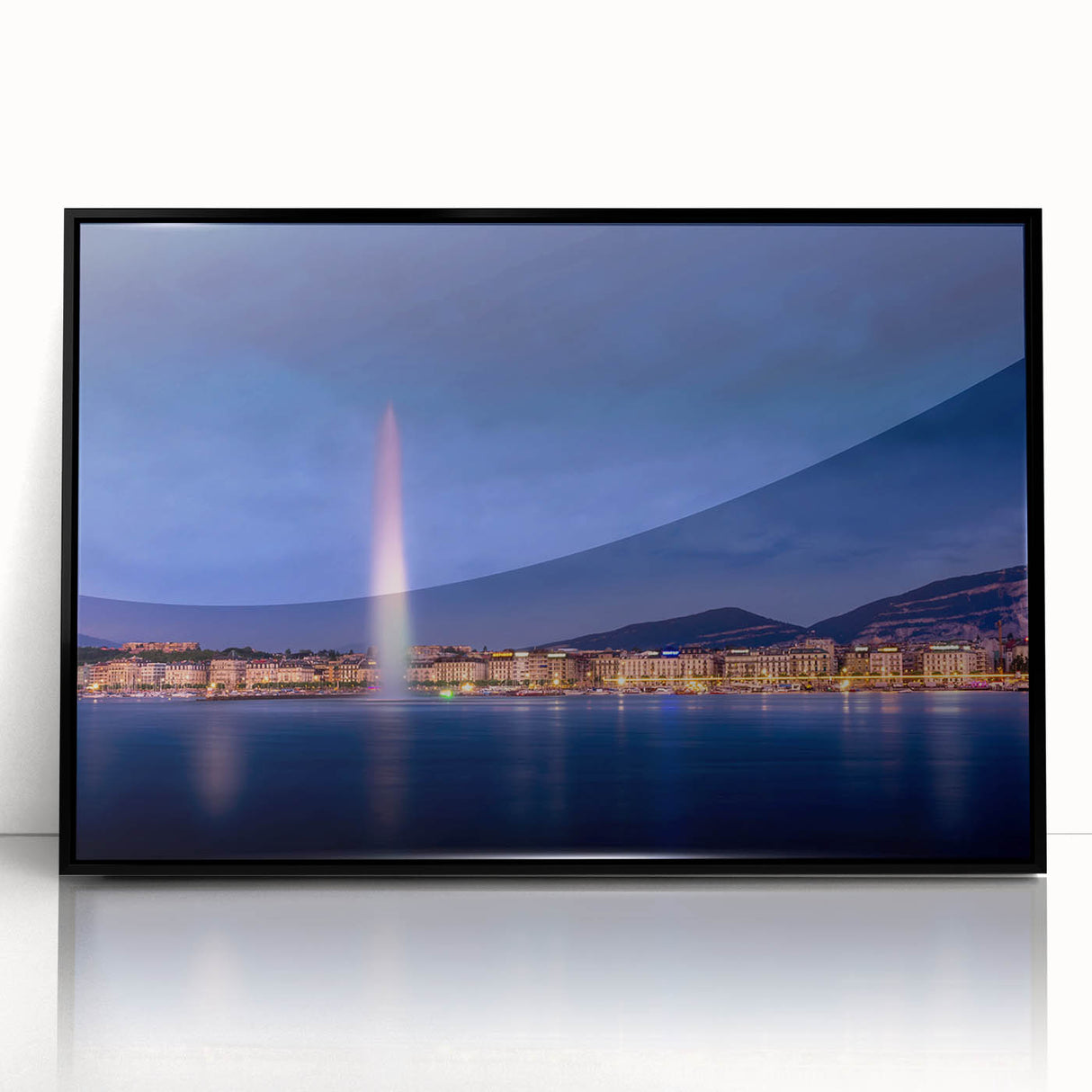 Large abstract wall art depicting the Geneva skyline in muted gray tones, framed in black acrylic.