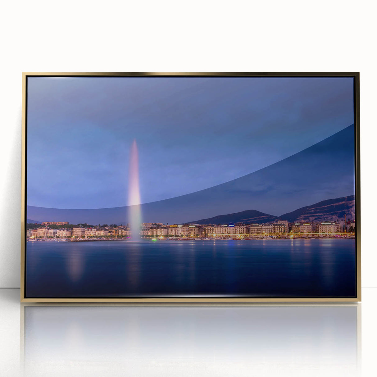 Large acrylic print of Geneva scenery in muted gold and blue tones, framed, ideal for modern art wall decor.