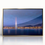 Large acrylic print of Geneva scenery in muted gold and blue tones, framed, ideal for modern art wall decor.