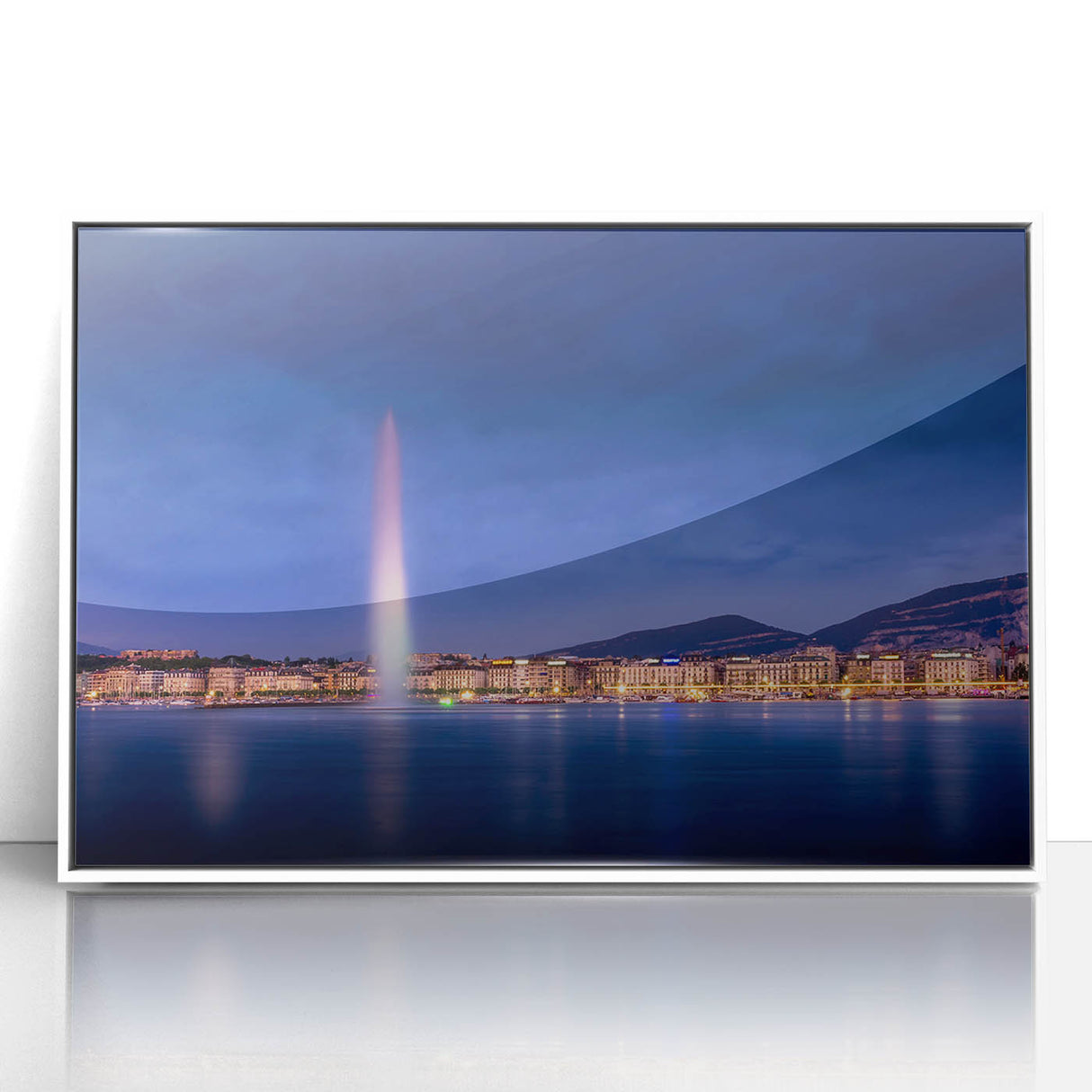 Acrylic print of Geneva scenery in art deco style with a white frame, suitable for modern nursery decor.