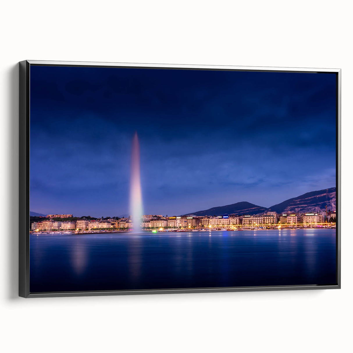 Black and white vintage poster art of Geneva landscape on framed canvas, ideal for bedroom wall decor.