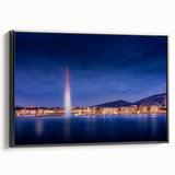 Black and white vintage poster art of Geneva landscape on framed canvas, ideal for bedroom wall decor.