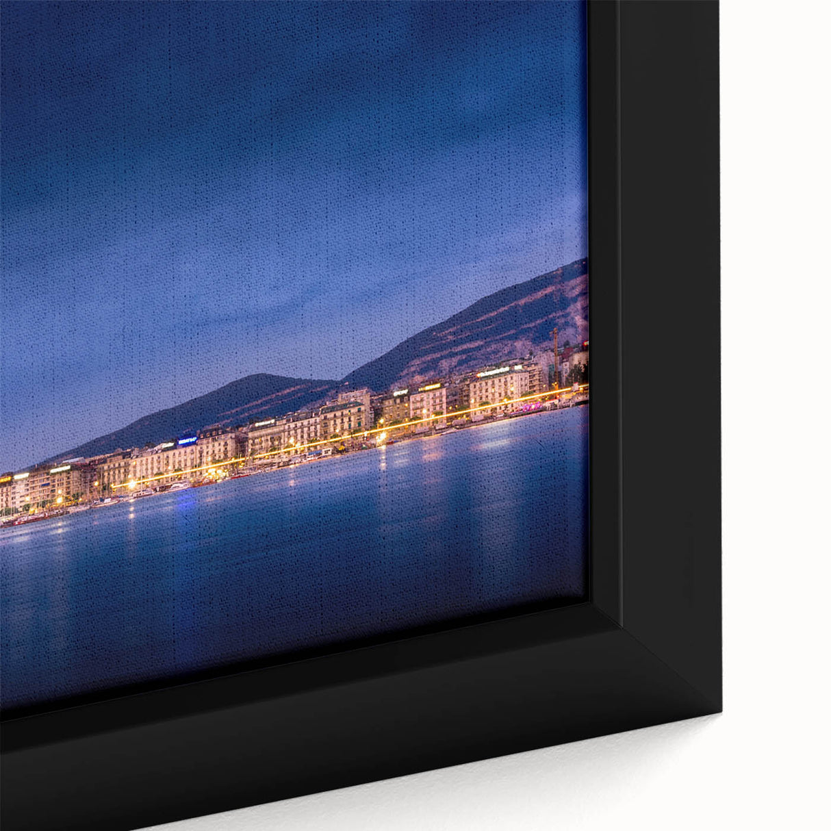 Extra large framed canvas featuring a textured depiction of Geneva scenery in black with colorful accents.