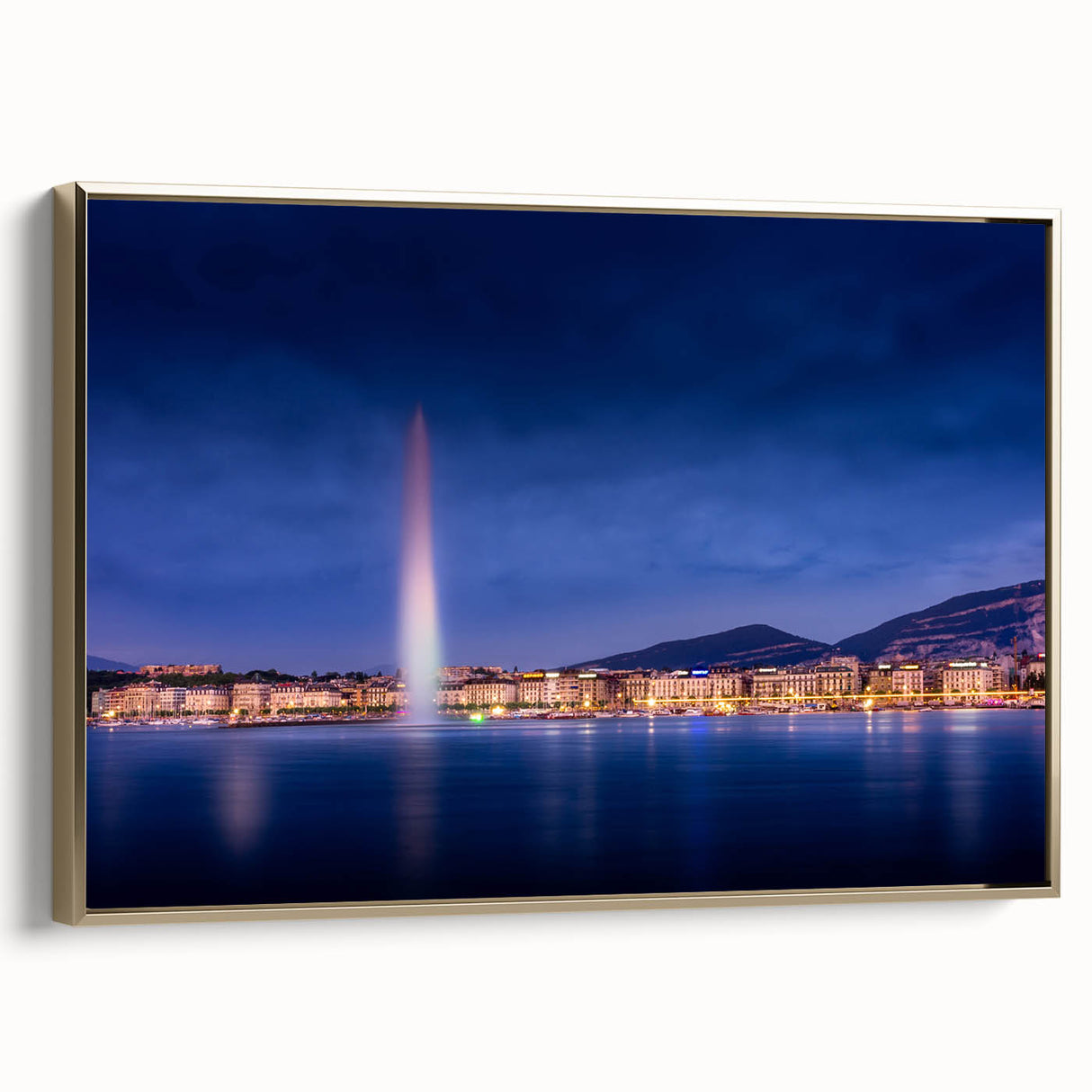 Framed canvas of vintage Geneva landscape in black and gold tones, suitable for bedroom wall art.