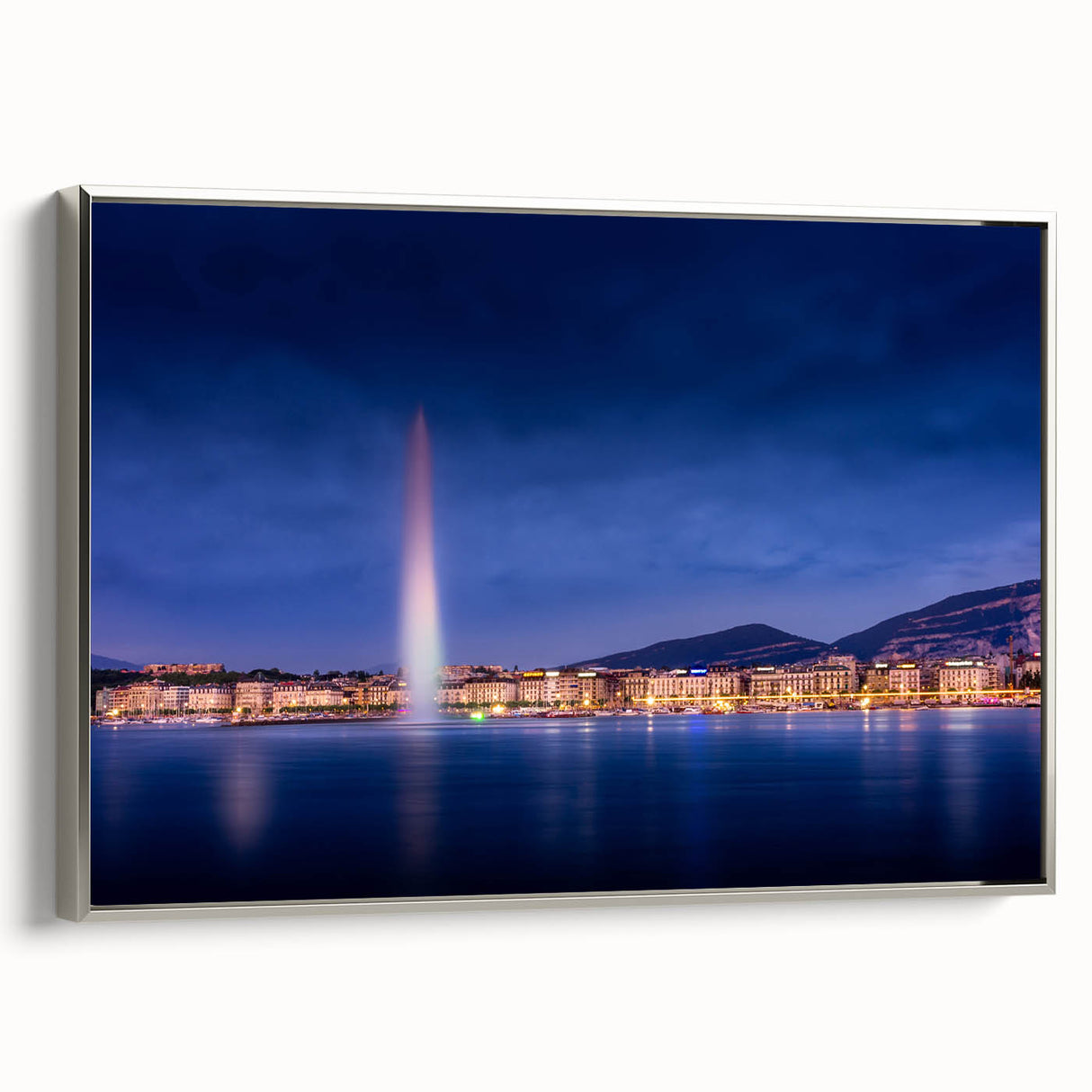 Framed canvas of a vintage-style Geneva landscape painting with colorful art on a black background.