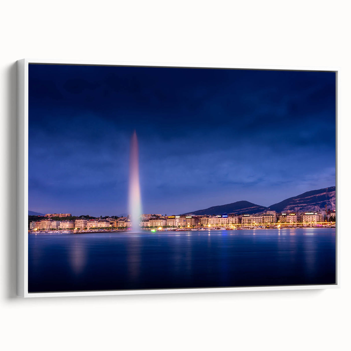 Vintage poster art of Geneva scenery on a framed canvas with a white border.