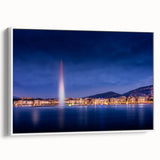 Vintage poster art of Geneva scenery on a framed canvas with a white border.