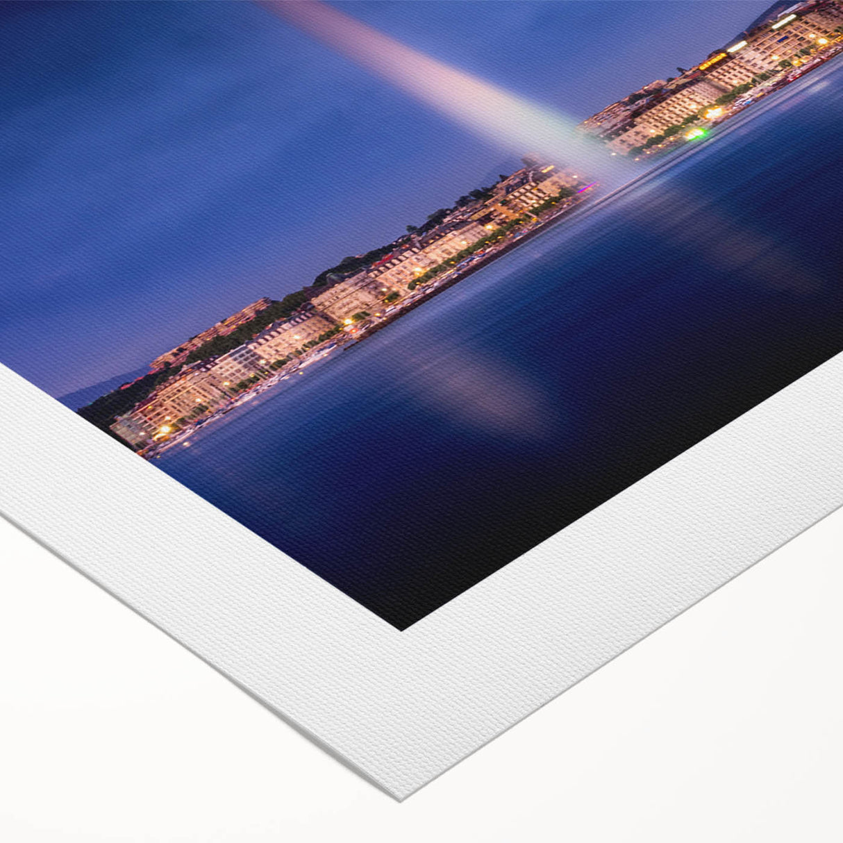 Art deco poster of Geneva scenery in muted blue and gray tones on rolled canvas, suitable for dining room wall art.