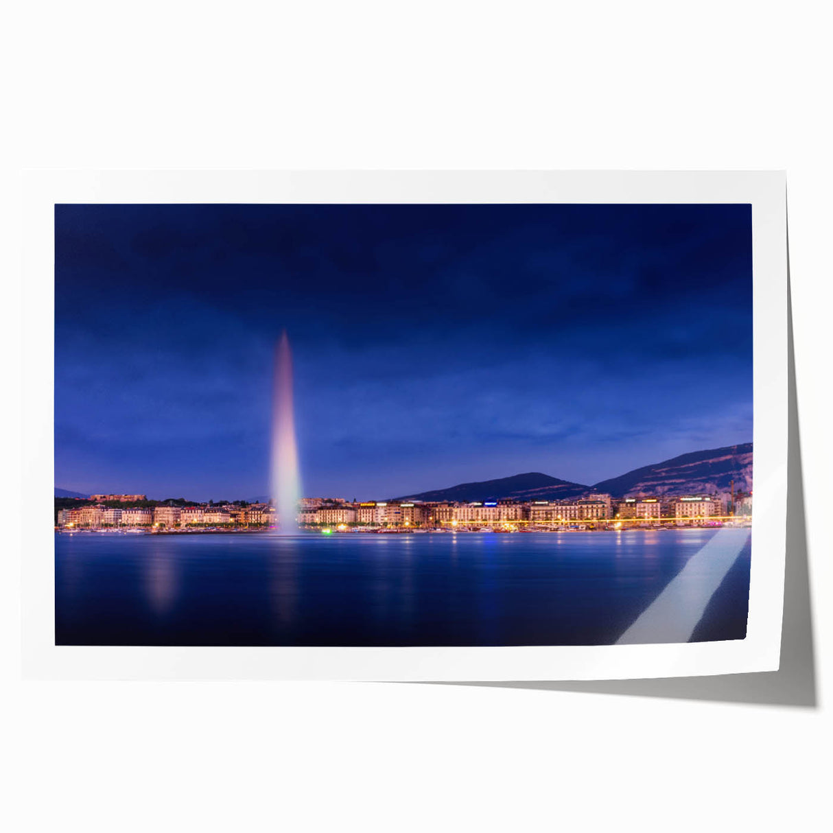 Extra large rolled print of Geneva scenery with floral details in soft hues, ideal for art wall dining room.