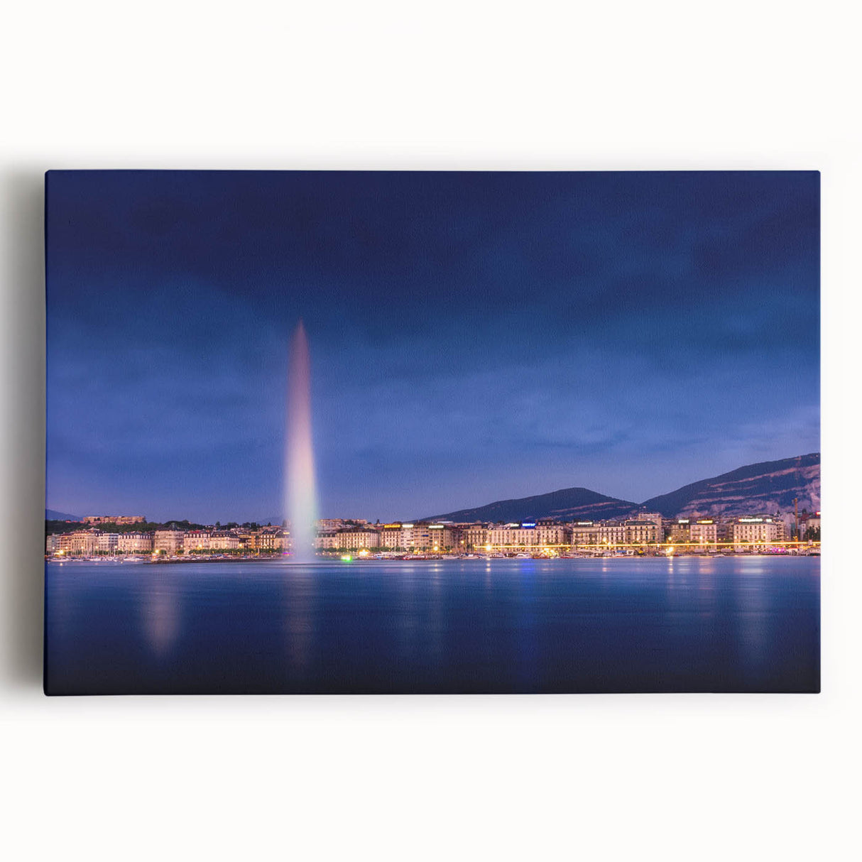 Black and white large art print of Geneva scenery on stretched canvas, suitable for kitchen wall art.