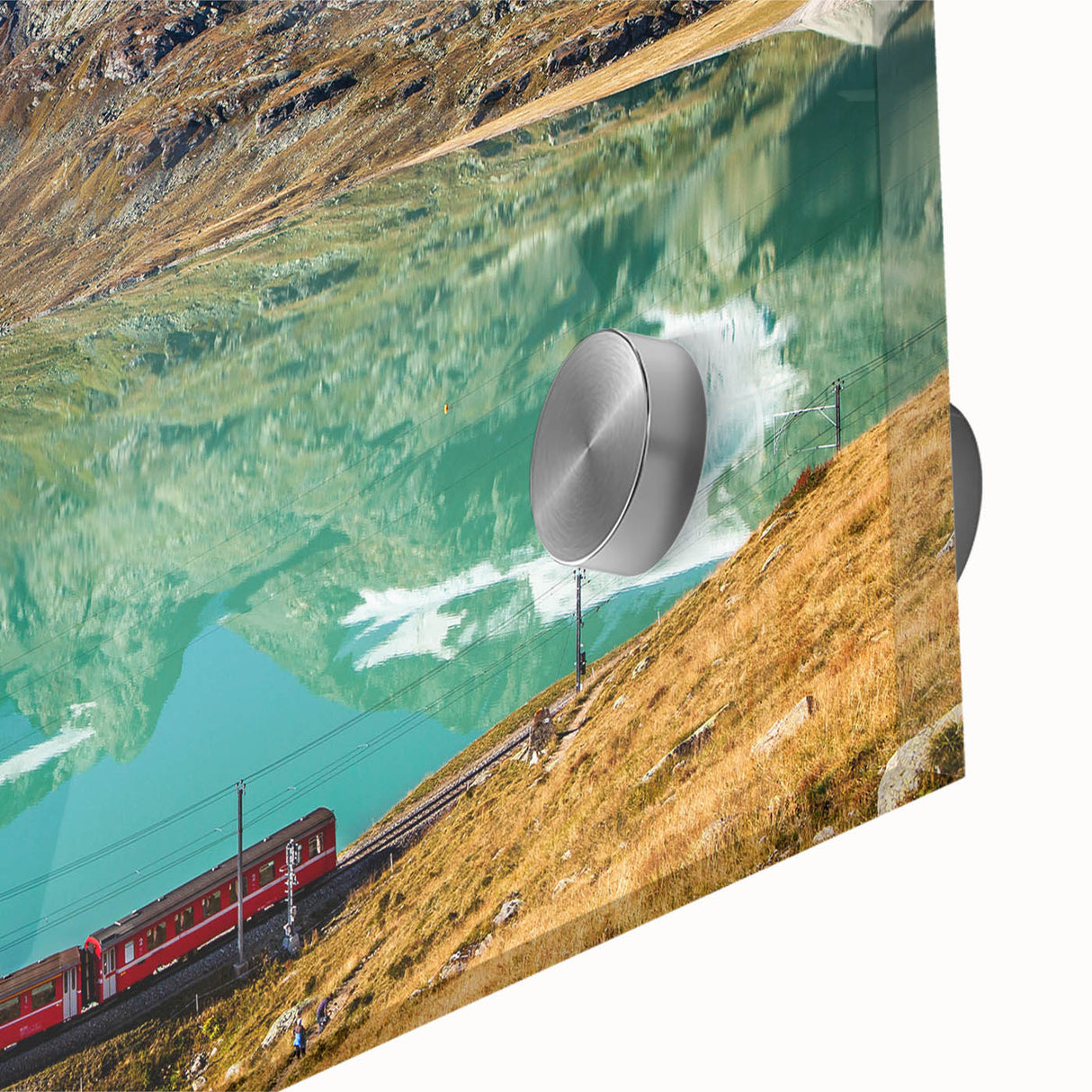 Large abstract depiction of a European scenery in Switzerland, in muted earth tones on acrylic glass.